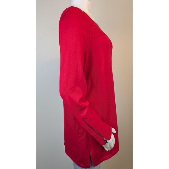 Chico’s Tunic Sweater Large Red Ribbed Yoke Zip Sleeve Split Hem Holiday Chic - Picture 5 of 11